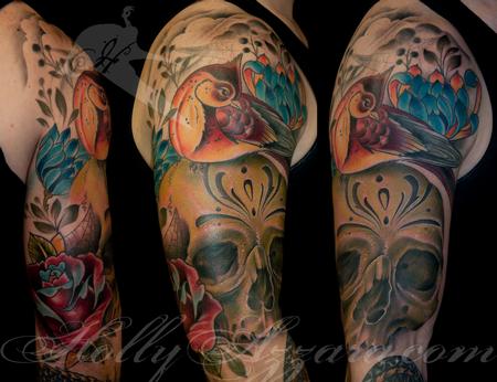 Holly Azzara - Green Skull with Red Bird Half Sleeve